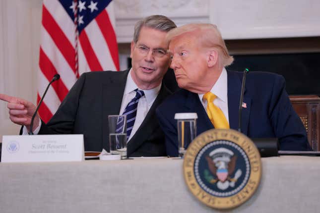 President Donald Trump (right) and Treasury Secretary Scott Bessent (left) have downplayed the potential negative effects of the White House’s tariff plans. 