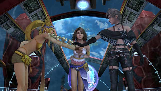 Yuna, Rikku, and Paine do a Three Muskateers cheer. 