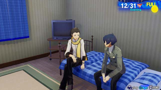 Ryoji and Makoto sit on a bed.