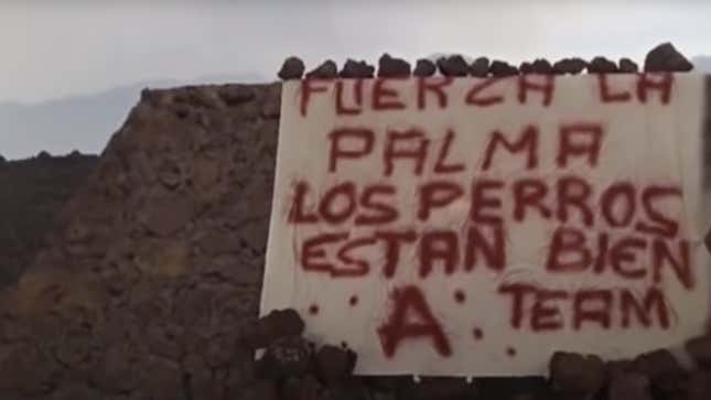 The banner in the video published by the so-called “A-Team,” which claims to have rescued the dogs stranded in La Palma.