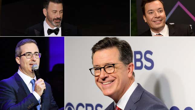 Jimmy Kimmel (Kevin Winter/Getty Images), Jimmy Fallon (Matt Winkelmeyer/Getty Images), John Oliver (Mike Coppola/Getty Images for The Bob Woodruff Foundation), Stephen Colbert (Matthew Eisman/Getty Images)
