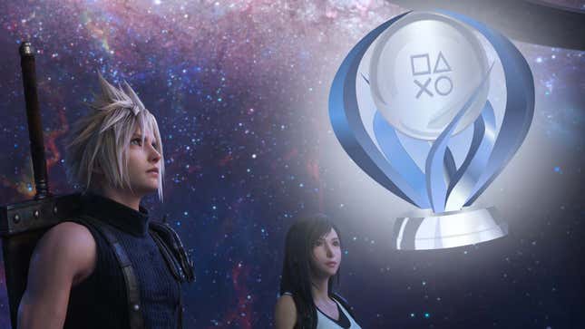 Cloud and Tifa from FF7 Rebirth look at a large, glowing trophy in the sky. 
