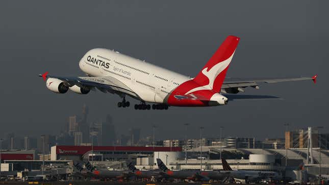 A photo of an Airbus A380 jet taking off in Sydney. 