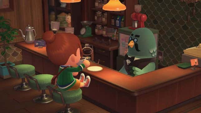 Brewster serves an Animal Crossing villager a coffee. 