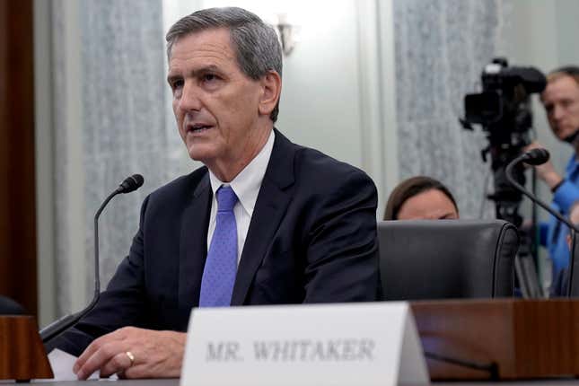 FILE - Michael Whitaker, of Vermont, testifies during his nomination to be administrator of the Federal Aviation Administration, Department of Transportation, Oct. 4, 2023, on Capitol Hill in Washington. The Senate voted 98-0 to approve Whitaker, President Joe Biden’s nominee to lead the Federal Aviation Administration, Tuesday, Oct. 24, ending a span of nearly 19 months in which the agency was without a Senate-confirmed chief. (AP Photo/Mariam Zuhaib, File)