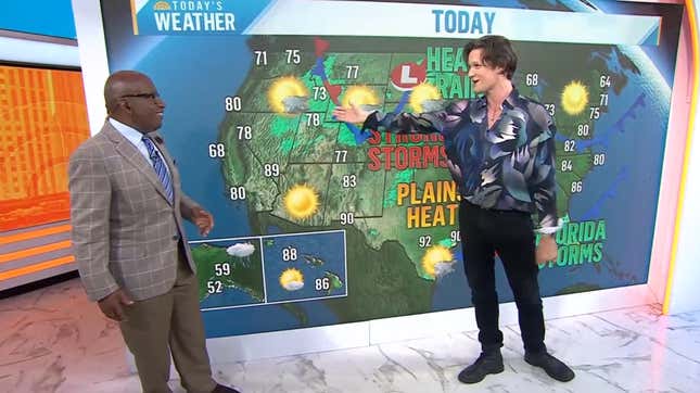 Englishman gestures excitedly at forecast calling for cloudy weather.