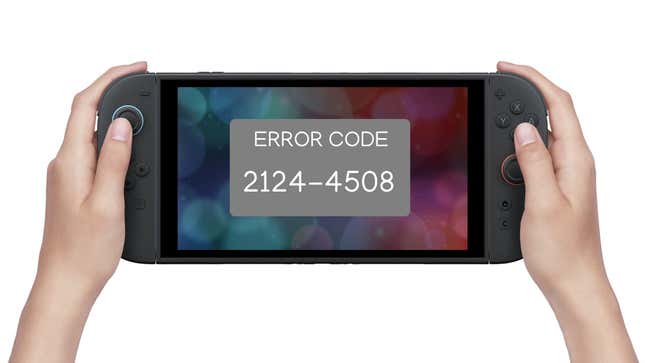 A Nintendo Switch 2 being held by human hands, with 'ERROR CODE 2124-4508' on the screen.