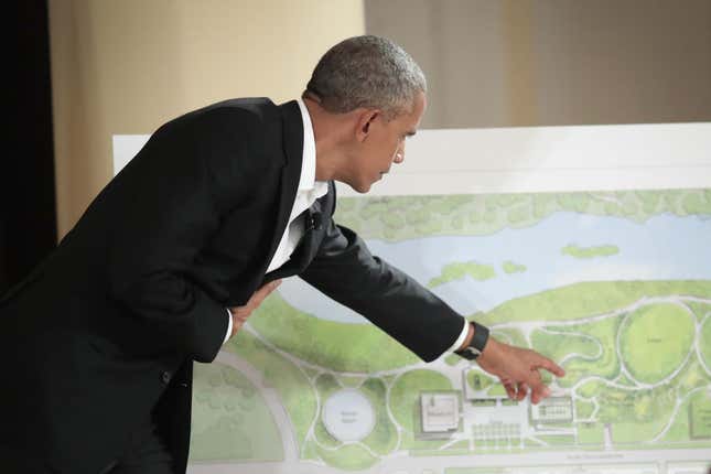  Former President Barack Obama points out features of the proposed Obama Presidential Center, which is scheduled to be built in nearby Jackson Park, during a gathering at the South Shore Cultural Center on May 3, 2017 in Chicago, Illinois.