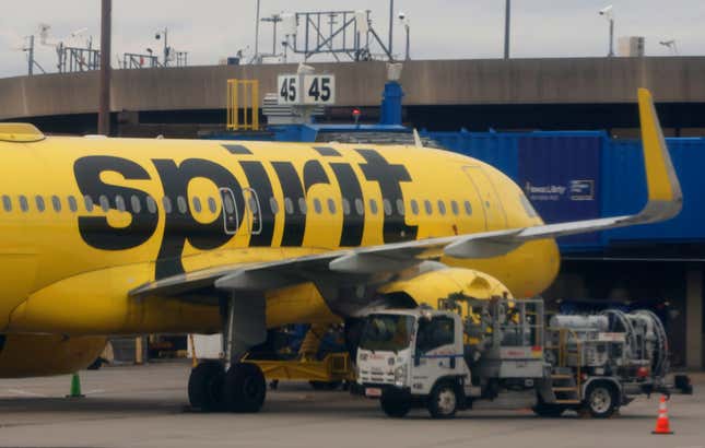 NEWARK, NJ - FEBRUARY 20: A Spirit Airlines airplane is refueled at Newark Liberty International Airport on February 20, 2025, in Newark, New Jersey.