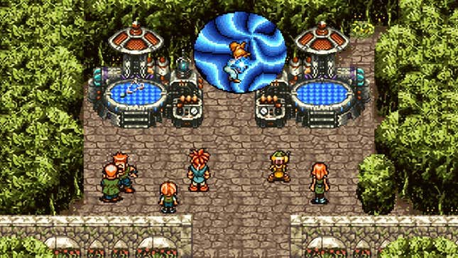 Characters stand around in a fantasy town.
