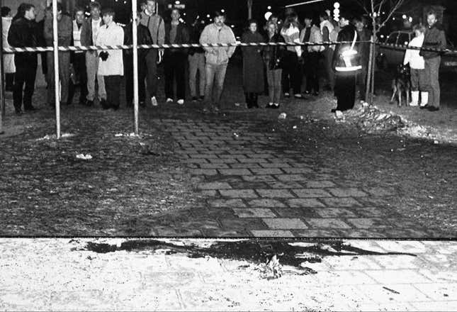 The pool of blood on a Stockholm City pavement where Swedish Prime Minister Olof Palme was assassinated shortly before midnight on Friday, Mar. 1, 1986 in Stockholm.