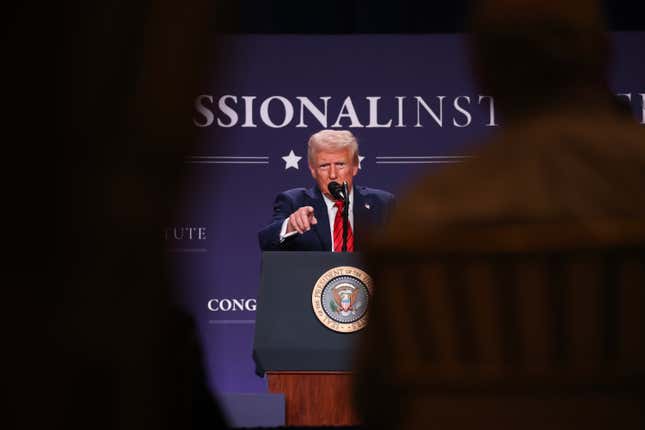  Donald Trump addresses the 2025 Republican Issues Conference at the Trump National Doral Miami on January 27, 2025 in Doral, Florida.