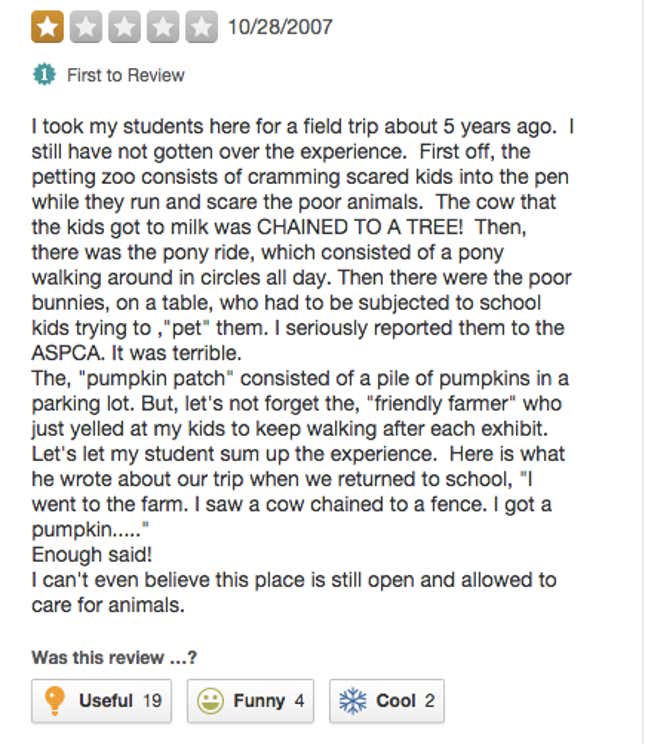 Image for article titled 'I Saw a Cow Chained to a Fence': Surprisingly Grim Yelp Reviews of Pumpkin Patches