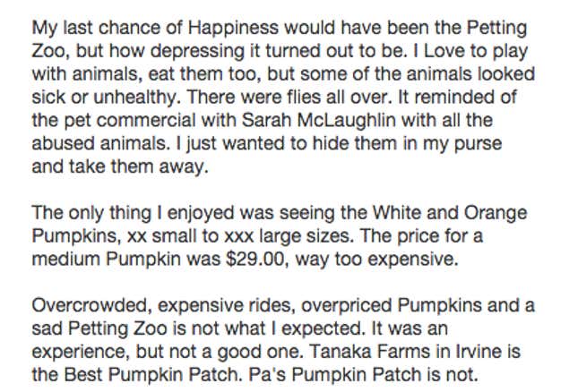 Image for article titled 'I Saw a Cow Chained to a Fence': Surprisingly Grim Yelp Reviews of Pumpkin Patches