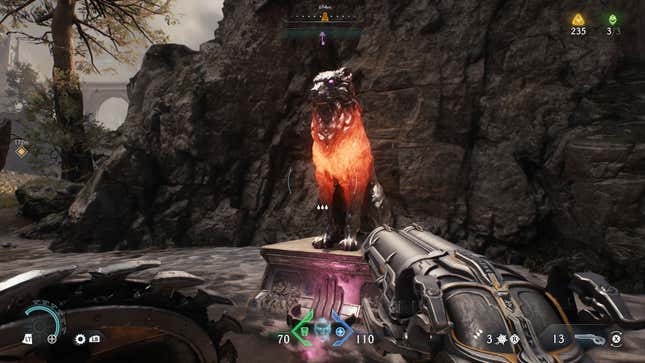 The player looks at a lion statue.