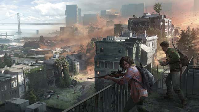 Two survivors are seen standing on a balcony with weapons drawn and a city covered in a sandstorm in the backdrop.