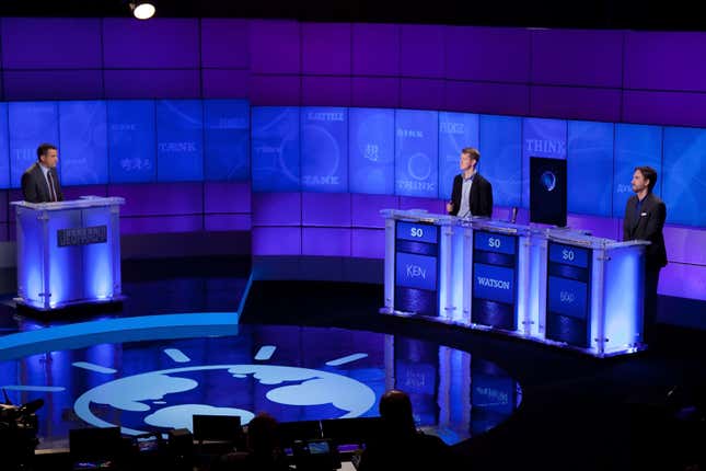 YORKTOWN HEIGHTS, NY - JANUARY 13: (L-R) Contestants Ken Jennings and Brad Rutter compete against ‘Watson’ at a press conference to discuss the upcoming Man V. Machine “Jeopardy!” competition at the IBM T.J. Watson Research Center on January 13, 2011 in Yorktown Heights, New York. 