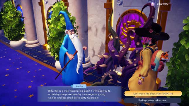 A player character in Disney Dreamlight Valley talks to Merlin.