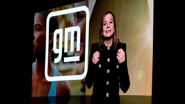 General Motors Chair and CEO Mary Barra is shown on screen via livestream as she introduces her digitally delivered keynote address at CES 2022 at The Venetian Las Vegas on January 5, 2022 in Las Vegas, Nevada.