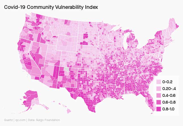A map showing the Covid-19 Community Vulnerability Index described below.