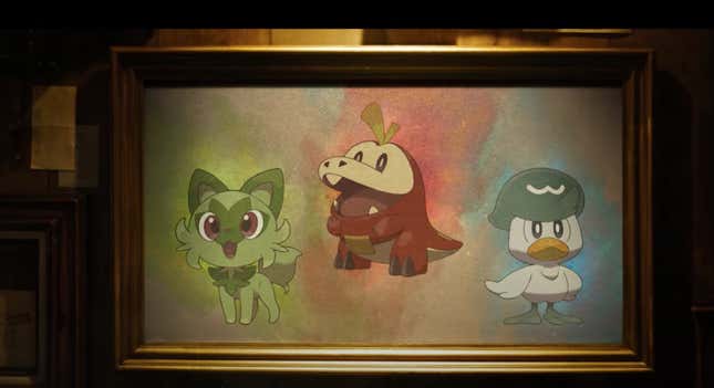 The new starters for Pokémon Violet & Scarlet, Sprigatito, Fuecoco and Quaxly.