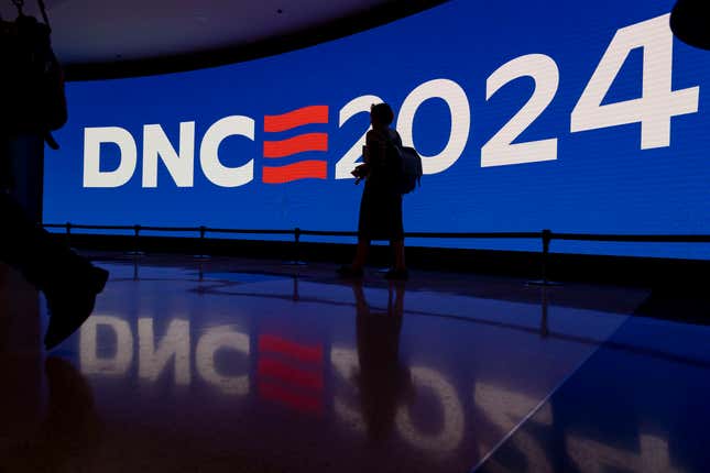 The DNC 2024 logo is displayed astatine  the normal  tract  successful  Chicago