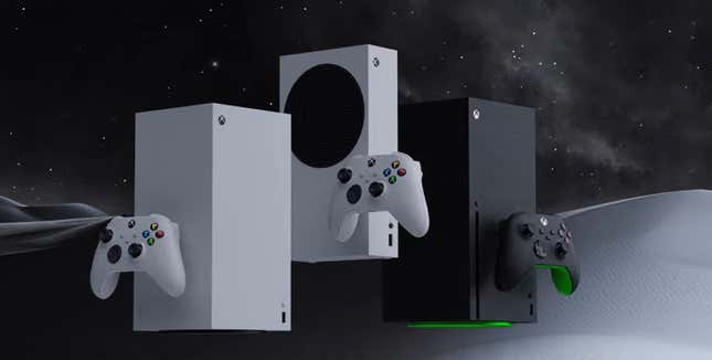 Xbox consoles hover in the air. 