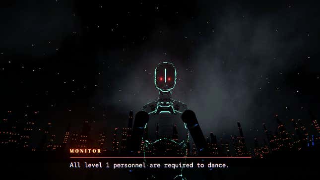 A giant hologram figure says "All level 1 personnel are required to dance."