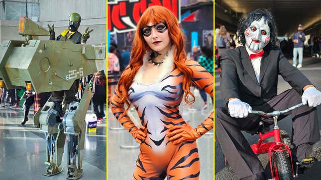 A three panel collage of NYCC costumes with a Metal Gear Solid walker on the left, Red Cat from Spider-Man in the middle, and Saw from Jigsaw on the right.