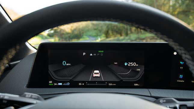 A photo of the dashboard in a Kia EV6 car. 