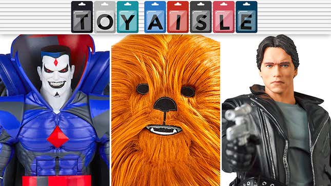 Hasbro's Marvel Legends Animated Mr. Sinister, Pillow Pets Jumboz Chewbacca Pillow, and Medicom's MAFEX The Terminator T-800.