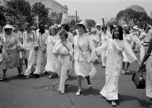 Leading supporters of the Equal Rights Amendment march in Washington, July 9, 1978, urging Congress to extend the time for ratification of the ERA. From left are: Gloria Steinem; Dick Gregory; Betty Friedan; Rep. Elizabeth Holtzman, D-N.Y. (partially obscured); Rep. Barbara Mikulski, D-Md.; and Rep. Margaret Heckler, R-Mass.