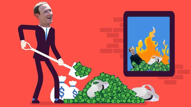 A cartoon Mark Zuckerberg tosses money and VR headsets into a large fire.