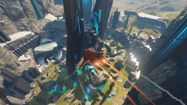 A Banshee soars above a Halo map with a large obelisk in the center.
