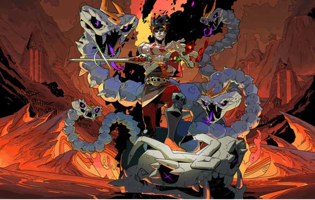 Prince Zagreus in a promotional image for Hades, surrounded by Bone Hydras. 