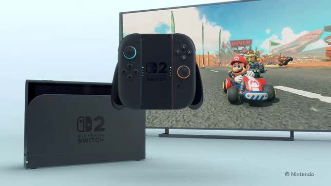 A Nintendo Switch 2 is shown in front of a TV playing the new Mario Kart.