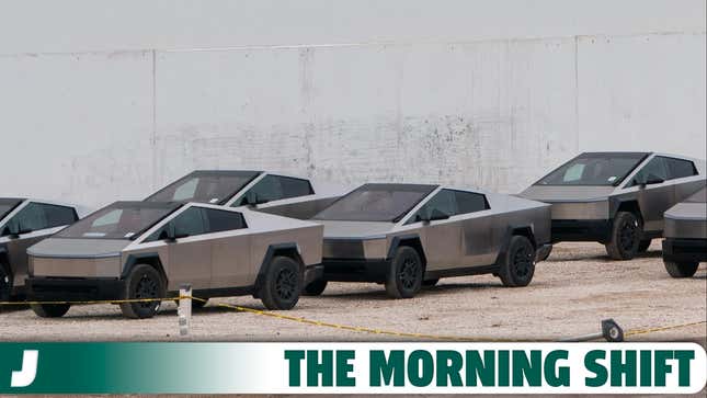 Newly manufactured Tesla Cybertrucks are parked outside the company's Giga Texas factory on December 13, 2023, in Austin, Texas. 