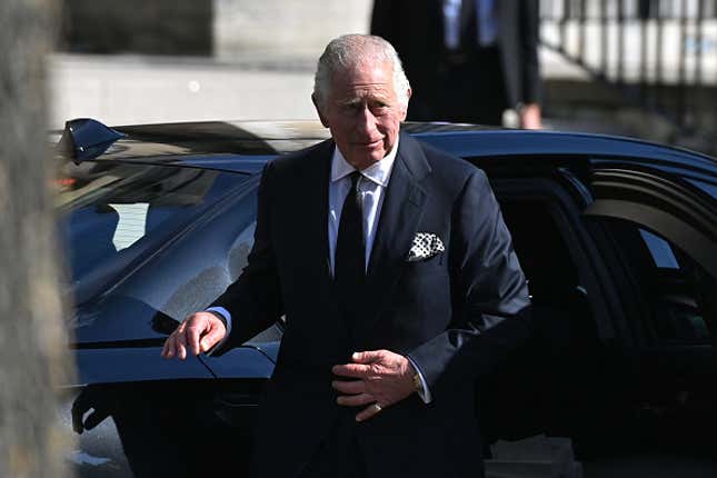 King Charles III arrives for a service of reflection in memory of Queen Elizabeth II at St Anne’s Cathedral on September 13, 2022 in Belfast, Northern Ireland. King Charles III is visiting Northern Ireland for the first time since ascending the throne following the death of his mother, Queen Elizabeth II, who died at Balmoral Castle on September 8, 2022. 