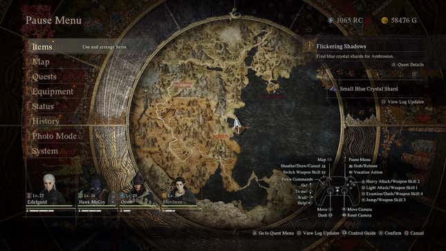 Pause menu of Dragon's Dogma 2 showing the in-game map with a dial showing the time of day surrounding it