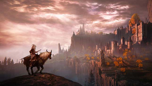 A warrior on horseback gazes out at a distant castle in Elden Ring. 