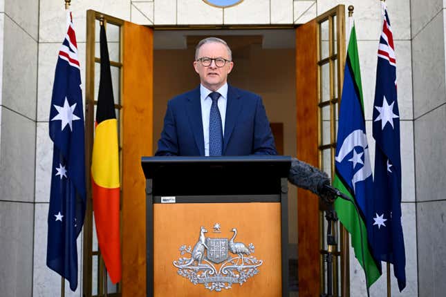 Australian Prime Minister Anthony Albanese speaks to the media during a press conference at Parliament House in Canberra, Sunday, Oct. 22, 2023. Albanese will visit China in early November, his office said Sunday hours before he was set to fly to the United States to meet President Joe Biden. (Lukas Coch/AAP Image via AP)