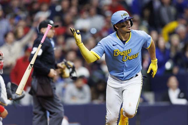 Milwaukee Brewers' Willy Adames (27) bats during a baseball game