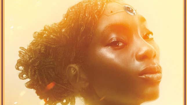 A Black woman with her hair up and a cybernetic implant that looks like a jewel on her forehead looks sideways from the cover of Nnedi Okorafor's Noor.