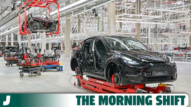 A photo of Tesla cars on the production line in Germany. 