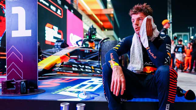 Race winner Max Verstappen of the Netherlands and Oracle Red Bull Racing looks on in parc ferme during the F1 Grand Prix of Qatar at Lusail International Circuit on October 08, 2023 in Lusail City, Qatar