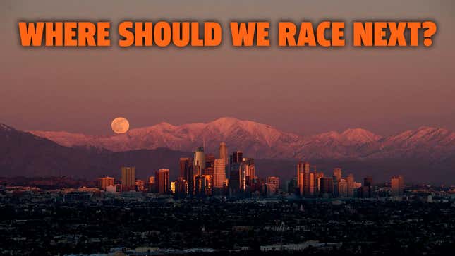 A photo of the Los Angeles skyline with the caption "where should we race next?" 