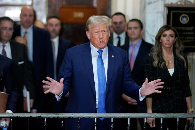 Former President Donald Trump speaks outside the courtroom after testifying at New York Supreme Court, Monday, Nov. 6, 2023, in New York. (AP Photo/Eduardo Munoz Alvarez)