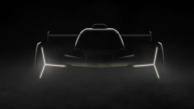 Teaser image of front of Lamborghini LMDh prototype with running lights on.