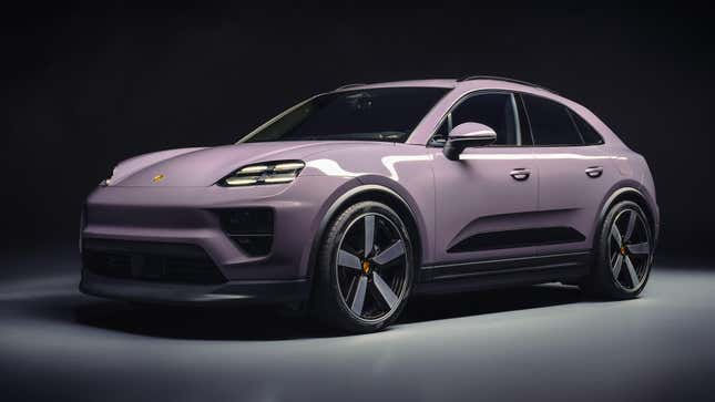 Front 3/4 view of a lavender 2024 Porsche Macan EV