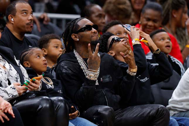 ATLANTA, GA - MARCH 03: Rapper Offset attends the game between the Portland Trail Blazers and the Atlanta Hawks at State Farm Arena on March 3, 2023 in Atlanta, Georgia.